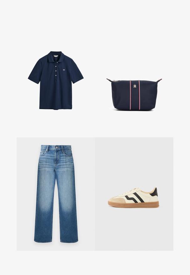 Polo bleu marine en coton, avec un col classique, une patte de boutonnage à trois boutons et un petit logo brodé sur la poitrine.; Jean denim bleu à jambes droites avec fermeture à boutons et glissière, design à cinq poches et délavage sur les cuisses et les genoux.; Baskets à lacets avec une tige crème ornée de rayures noires et un bout en daim, complétées par une semelle en caoutchouc marron.; Pochette en tissu bleu marine avec un logo doré, arborant deux bandes rouges et blanches verticales au centre, et une fermeture éclair.