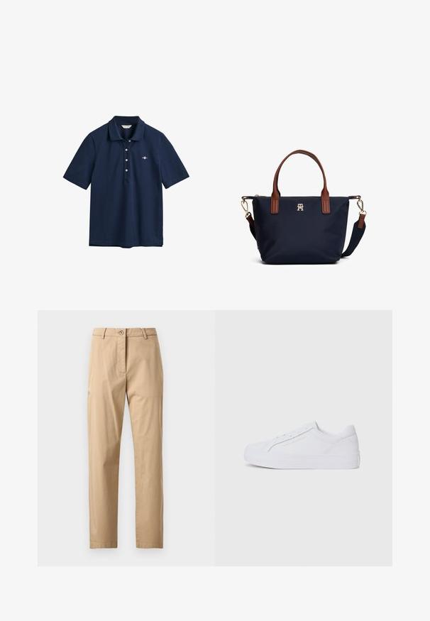 Polo bleu marine en coton, avec un col classique, une patte de boutonnage à trois boutons et un petit logo brodé sur la poitrine.; Chinos beiges à texture lisse, coupe droite, taille avec fermeture à bouton et poches avant. Design minimaliste, sans motifs visibles.; Tommy Hilfiger TH PLATFORM - Baskets basses - white; Sac à main bleu marine avec poignées en cuir marron, ferrures dorées, bandoulière détachable et petit logo doré au centre.