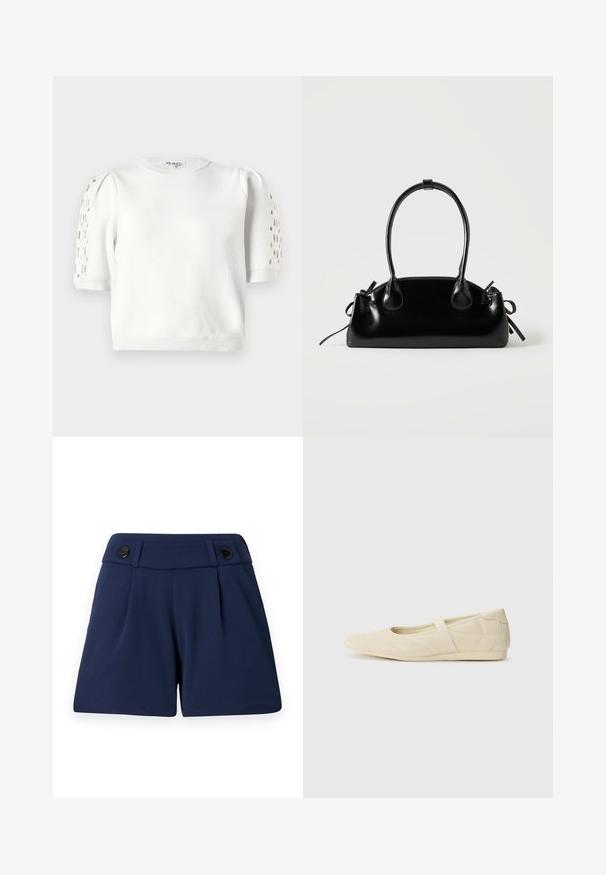 Pull en tricot blanc coupé avec un col rond, des manches courtes dotées de détails en œillets sur les épaules, et un ourlet côtelé. Texture lisse.; Shorts ajustés bleu marine en tissu léger, avec deux plis devant et deux boutons noirs à la taille.; Ballerines beiges avec une exterior en cuir lisse, un bout en forme d'amande et une sangle élastique sur le coup de pied, avec des détails de couture subtils.; Petit sac à main noir brillant avec deux longues anses et des détails à cordon sur les côtés sur un fond clair uni.