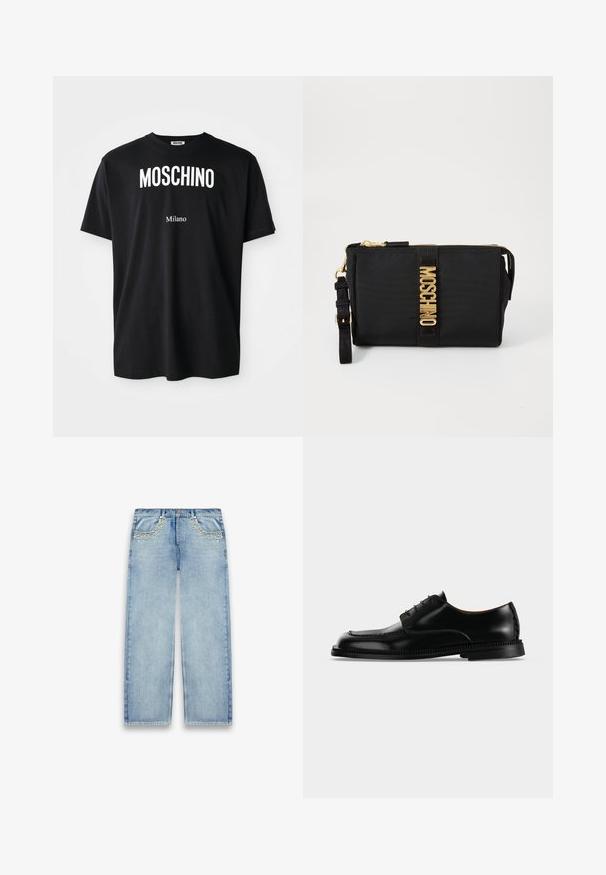 Sort bomulds t-shirt med rund hals. Har fed hvid tekst: "MOSCHINO" ovenfor og "Milano" nedenfor. Enkel, klassisk design.; Lyseblå vidbenede denimjeans med forlommer pyntet med spredte perle- og rhinsten detaljer.; Sort blankt læder snøresko med tyk detaljeret sål, vist fra højre side mod en ensartet lys baggrund.; Sort nylon clutch med guldhardware, der har en central logostro. Inkluderer en aftagelig rem og lynlås lukning for sikker brug.