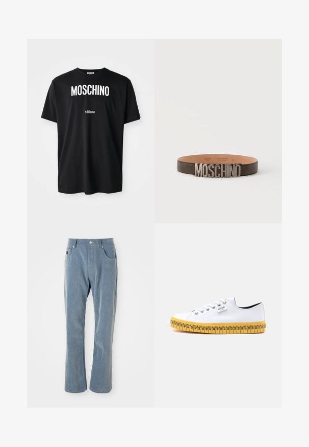 Čierne bavlnené tričko s okrúhlym výstrihom. Obsahuje výrazný biely text: "MOSCHINO" hore a "Milano" dole. Jednoduchý, klasický dizajn.; Svetlomodré kordové nohavice s gombíkovým a zipsovým uzáverom, prednými vreckami a rovnými nohavicami na bielom pozadí.; Biele nízke plátené tenisky s bielymi šnúrkami a žltou podrážkou navrhnuté tak, aby vyzerali ako meracia páska so značkami veľkosti.; Čierny kožený opasok s veľkými striebornými kovovými písmenami, ktoré tvoria nápis MOSCHINO na prednej pracke, zobrazený na jednoduchom svetlom pozadí.
