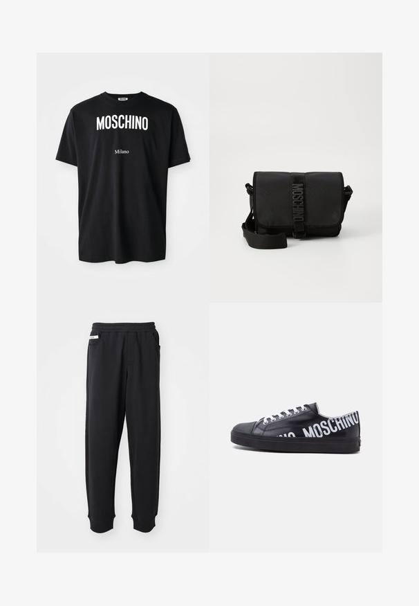 Čierne bavlnené tričko s okrúhlym výstrihom. Obsahuje výrazný biely text: "MOSCHINO" hore a "Milano" dole. Jednoduchý, klasický dizajn.; Čierne tepláky vyrobené z mäkkého materiálu, s elastickým pásom, bočnými vreckami a rebrovanými manžetami na členkoch. Minimalistický dizajn.; Čierna nízka teniska s bielymi šnúrkami a výrazným bielym textom "MOSCHINO", ktorý obopína pätu a bok.; Čierna nylonová crossbody taška s chlopňou, ktorá má výrazné uzatváranie na popruh s logom, nastaviteľný popruh a detaily bočného šitia.