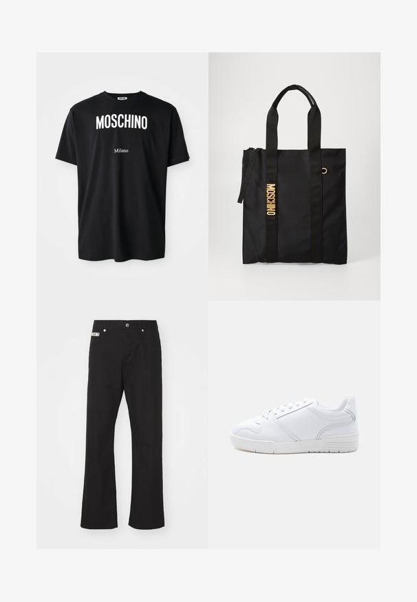 Čierne bavlnené tričko s okrúhlym výstrihom. Obsahuje výrazný biely text: "MOSCHINO" hore a "Milano" dole. Jednoduchý, klasický dizajn.; Čierne bavlnené nohavice s rovnými nohavicami, zakončené predným zapínaním na gombík, dvoma bočnými vreckami a malou značkovou nášivkou na páse.; Biela nízka teniska so šnurovaním, hladkým syntetickým zvrškom a vzorovanou gumovou podrážkou na jednoduchom svetlom pozadí.; Čierna taška cez rameno vyrobená z hladkej tkaniny s dvoma čiernymi popruhmi, s zlatým logom "MOSCHINO" a so zipsom na vrchu.