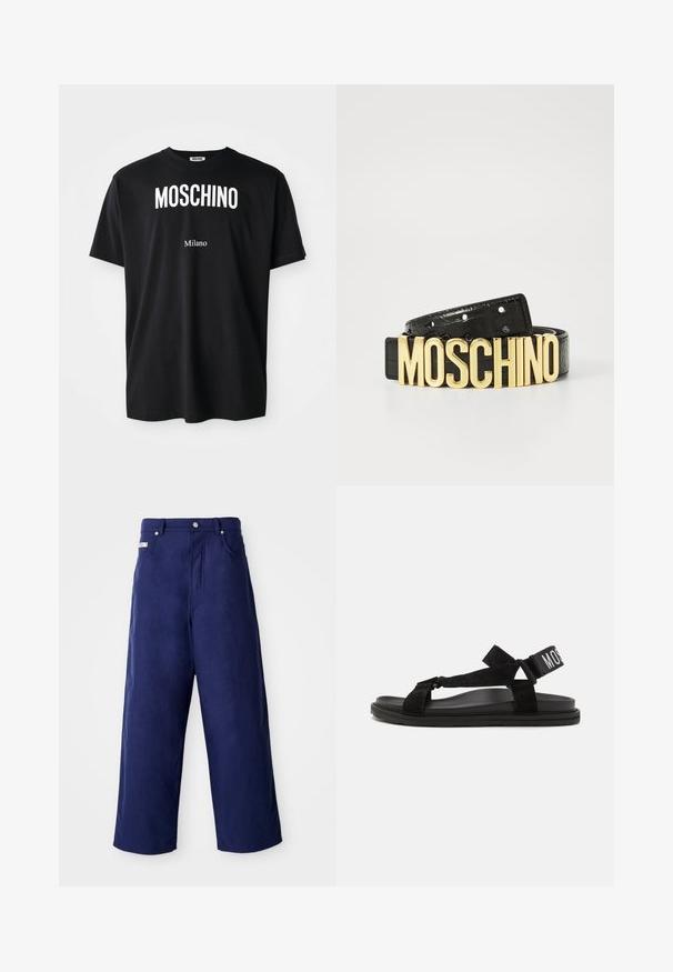Čierne bavlnené tričko s okrúhlym výstrihom. Obsahuje výrazný biely text: "MOSCHINO" hore a "Milano" dole. Jednoduchý, klasický dizajn.; Nadmorské nohavice v námořní modrej farbe, vyrobené z mäkkej látky. Majú uzáver na gombík a predné vrecká, s čistým popodom a bez viditeľných vzorov.; Čierne sandále z nubukovej usne a gumy, s prekríženými popruhmi a širokým nastaviteľným remienkom na členku s bielym nápisom "MOSS".; Čierny kožený opasok s krokodílou textúrou a veľkým zlatým logom "MOSCHINO" ako sponou. Obsahuje viacero nastavovacích dierok.