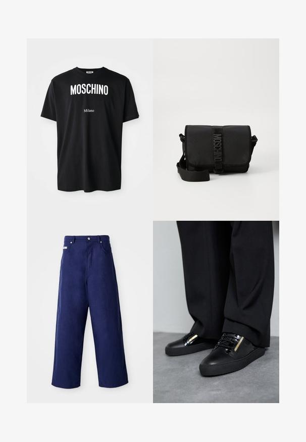 Camiseta de algodón negra con cuello redondo. Presenta un texto blanco en negrita: "MOSCHINO" arriba y "Milano" abajo. Diseño simple y clásico.; Pantalones de pierna ancha en azul marino, fabricados en una tela suave. Cuentan con un cierre de botón y bolsillos frontales, con un acabado limpio y sin patrones visibles.; Zapatillas de cuero negro con detalles brillantes, cordones texturizados y un detalle de cremallera; combinadas con pantalones oscuros y holgados sobre un suelo gris.; Bolso cruzado negro de nailon con solapa, que cuenta con un cierre de cinta con logo prominente, correa ajustable y detalles de costura lateral.