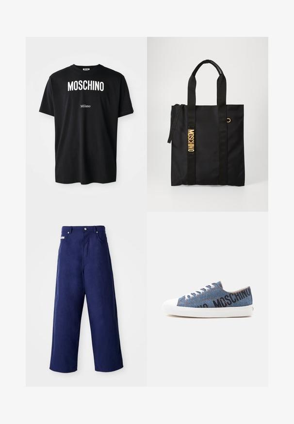 Zwarte katoenen t-shirt met ronde hals. Bevat vetgedrukte witte tekst: "MOSCHINO" erboven en "Milano" eronder. Eenvoudig, klassiek ontwerp.; Wijde broek in marineblauw, gemaakt van zachte stof. Heeft een knoopsluiting en vo pockets aan de voorkant, met een nette afwerking en geen zichtbare patronen.; Lage denim sneaker met witte rubberen zool en veters, met zwarte tekst "MOSCHINO" aan de zijkant.; Zwarte tote bag van gladde stof met twee zwarte handvaten, voorzien van een gouden "MOSCHINO" logo en een rits bovenaan.