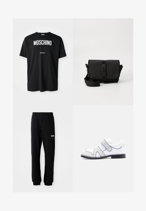 Schwarzes Baumwoll-T-Shirt mit rundem Halsausschnitt. Mit fettem weißen Text: "MOSCHINO" oben und "Milano" unten. Einfaches, klassisches Design.; Schwarze Jogginghose mit lockerer Passform, aus weichem Stoff. Mit elastischem Bund und weißem "Moschino"-Logo auf dem linken Oberschenkel.; Weißer Leder- und grauer Wildleder-Herrenschuh mit schwarzer Sohle und einem einzelnen breiten Klettverschluss an der Seite.; Schwarze Nylon-Crossbody-Tasche mit Klappe, ausgestattet mit einem auffälligen Logo-Gurtverschluss, verstellbarem Tragegurt und seitlichen Steppnähten.