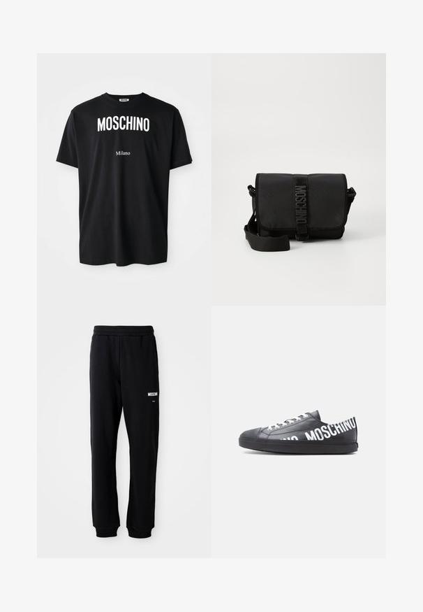 Čierne bavlnené tričko s okrúhlym výstrihom. Obsahuje výrazný biely text: "MOSCHINO" hore a "Milano" dole. Jednoduchý, klasický dizajn.; Čierne tepláky s relaxed fit strihom, vyrobené z mäkkého materiálu. Majú elastický pás a biele logo "Moschino" na ľavom stehne.; Čierna nízka teniska s bielymi šnúrkami a nápisom „MOSCHINO“ vytlačeným veľkými bielymi písmenami po boku a na päte.; Čierna nylonová crossbody taška s chlopňou, ktorá má výrazné uzatváranie na popruh s logom, nastaviteľný popruh a detaily bočného šitia.