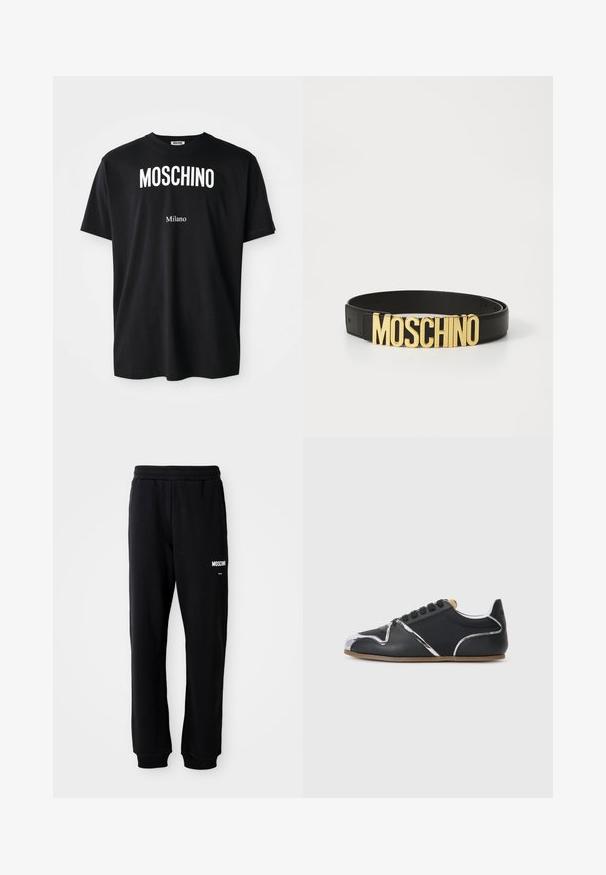 Čierne bavlnené tričko s okrúhlym výstrihom. Obsahuje výrazný biely text: "MOSCHINO" hore a "Milano" dole. Jednoduchý, klasický dizajn.; Čierne tepláky s relaxed fit strihom, vyrobené z mäkkého materiálu. Majú elastický pás a biele logo "Moschino" na ľavom stehne.; Čierny nízky teniska so striebornými detailmi, čiernymi šnúrkami, svetlohnedým vnútorným lemovaním a tenkou hnedou podrážkou na jednoliatom svetlosivom pozadí.; Čierny kožený opasok s veľkou zlatou prackou s logom "MOSCHINO", hladký povrch, nastaviteľná veľkosť a minimalistický dizajn.