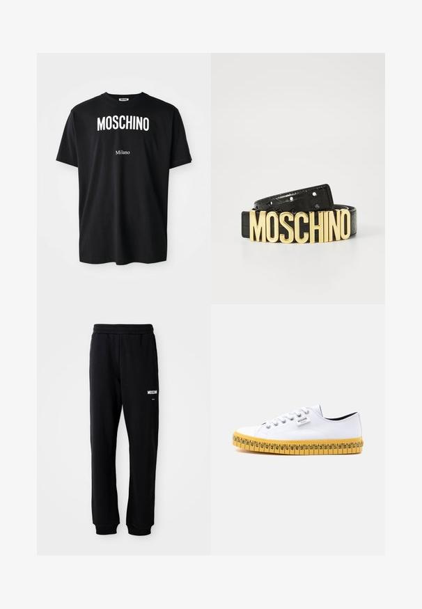 Sort bomulds t-shirt med rund hals. Har fed hvid tekst: "MOSCHINO" ovenfor og "Milano" nedenfor. Enkel, klassisk design.; Sorte sweatpants med en afslappet pasform, lavet af blødt stof. Har en elastisk talje og hvidt "Moschino" logo på venstre lår.; Hvid lav-sneakers i lærred med hvide snørebånd og en gul sål designet til at ligne et målebånd med størrelsesmærker.; Sorte læderbælte med en krokodilletekstur og et stort guld "MOSCHINO" logo som spænde. Har flere justeringshuller.