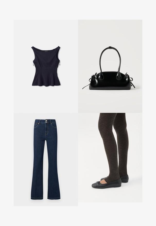 Top sans manches bleu marine avec un large encolure, un ourlet évasé et deux poches zippées sur les côtés. Fabriqué dans un tissu lisse et extensible.; Jean en denim bleu foncé avec taille haute, double bouton de fermeture, poches avant et jambes légèrement évasées.; Jambes portant des leggings côtelés foncés associés à des ballerines noires avec de petits détails en nœud sur fond blanc.; Petit sac à main noir brillant avec deux longues anses et des détails à cordon sur les côtés sur un fond clair uni.