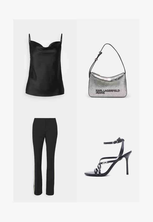 Camisole en satin noir avec un décolleté plongeant, des bretelles minces et une texture lisse et brillante. Design simple et classique sans ornements.; Pantalon noir avec une coupe droite, présentant un panneau latéral texturé, créant un contraste avec le tissu lisse du pantalon.; Sandale à talon noir avec fines lanières, boucle à la cheville et détail logo en métal sur la lanière latérale, sur fond blanc.; Sac à épaule en métal argenté avec une forme courbée, texture lisse et texte logo noir. Doté d'une fine bandoulière et d'une fermeture éclair.