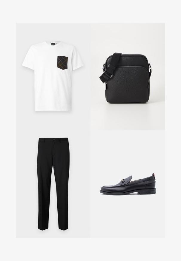 Barbour BARBOUR ARNSIDE TARTAN POCKET T-SHIRT - T-Shirt print - white; Schwarze maßgeschneiderte Hose mit flachem Frontschnitt, normaler Taille und geraden Beinen. Hergestellt aus glattem Material, mit einem einzelnen Knopfverschluss.; Schwarzer Lederloafer mit grauem, strukturiertem Vorderblatt, silberner Metallschnalle, niedrigem Absatz und Zuglasche hinten.; Schwarze Leder-Crossbody-Tasche mit strukturierter Oberfläche, ausgestattet mit einer vorderen Reißverschlusstasche, verstellbarem Riemen und metallenen Hardware-Details.
