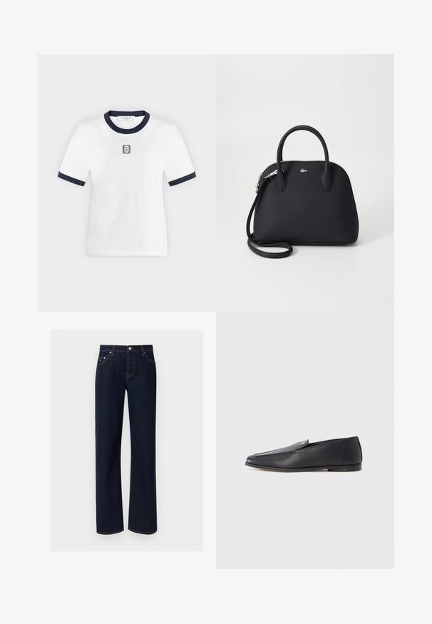 T-shirt blanc à manches courtes avec col et bordures de manches bleu marine, avec un petit logo rectangulaire brodé sur la poitrine.; Jean denim bleu foncé coupe droite avec cinq poches, fermeture par boutons et coutures marron visibles sur un fond uni.; Mocassins en cuir noir à texture lisse, bout arrondi et détails de couture subtils. Ils présentent un accent logo doré sur le côté supérieur.; Sac à main noir en matériau texturé, doté de deux poignées supérieures et d'une bandoulière amovible, avec un accent logo en argent.