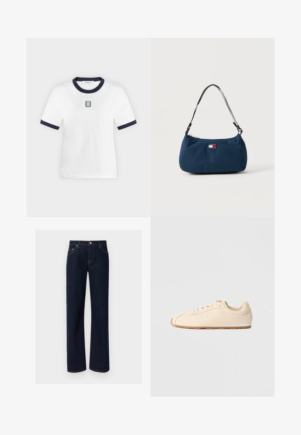 T-shirt blanc à manches courtes avec col et bordures de manches bleu marine, avec un petit logo rectangulaire brodé sur la poitrine.; Jean denim bleu foncé coupe droite avec cinq poches, fermeture par boutons et coutures marron visibles sur un fond uni.; Baskets beiges en cuir lisse avec un bout rond, semelle en gomme plate et un design minimaliste présentant des coutures subtiles et des perforations.; Petite sacoche bleue marine avec une bandoulière noire et un écusson logo Tommy Jeans au centre avant.