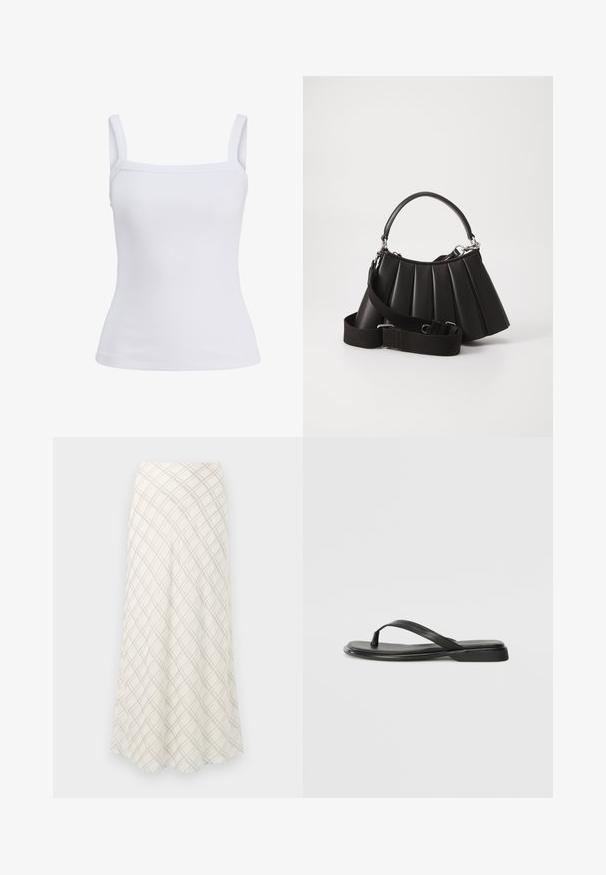 Weißes geripptes Tanktop mit breiten Schulterträgern und geradem Ausschnitt, auf einfarbigem Hintergrund dargestellt.; Langer, cremefarbener Rock mit einem diagonalen Karomuster in Grau. Fließendes Design mit einer glatten Textur, das zur Säume hin ausläuft.; Schwarze Flip-Flops aus glattem Leder, mit einem dünnen Riemendesign und einer flachen Sohle mit minimalem Profil. Keine bemerkenswerten Muster oder Akzente.; Schwarze, gefaltete Handtasche mit einem runden Griff, verstellbarem Schulterriemen und glänzender Textur. Verfügt über silberne Hardware und eine strukturierte Silhouette.