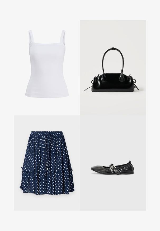Camiseta sin mangas blanca con textura acanalada, tirantes anchos y escote recto, mostrada sobre un fondo liso.; Falda azul marino con lunares blancos, que presenta un dobladillo con volantes y una cintura elástica con cordón para un ajuste ajustable.; Zapato plano de piel negra con puntera afilada, detalle fruncido alrededor de la abertura y un acento de hebilla plateada en la correa ajustable.; Pequeño bolso negro brillante con dos asas largas y detalles de cordón lateral sobre un fondo claro liso.