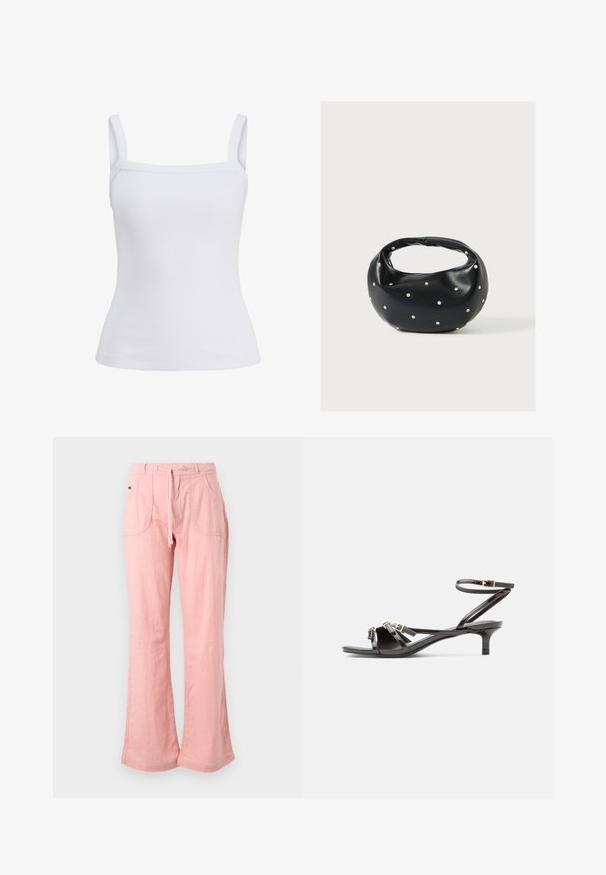 Camiseta sin mangas blanca con textura acanalada, tirantes anchos y escote recto, mostrada sobre un fondo liso.; Pantalones anchos de color rosa claro, confeccionados con una tela suave, que cuentan con una cintura con cordón, dos bolsillos frontales y un acabado texturizado.; Sandalia de charol negro con tiras delgadas, tacón pequeño tipo gatito y cierre ajustable con hebilla en el tobillo.; Bolso de mano de cuero negro con forma redondeada, decorado con detalles de tachuelas plateadas y un asa corta. Textura lisa y cierre con cremallera.