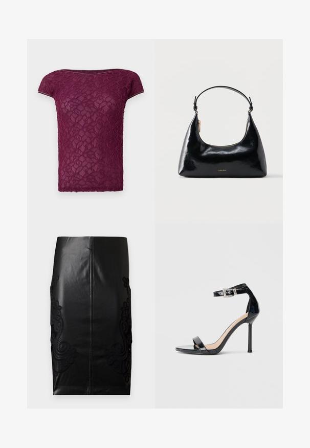 T-shirt en dentelle bordeaux avec des manches courtes, un col rond et un motif floral texturé. Tissu léger et semi-transparent.; Jupe crayon en cuir noir avec un délicat broderie en dentelle noire sur les côtés, dos sans couture et texture lisse. Coupe classique et silhouette.; Sandale à talon haut en cuir verni noir avec bride à la cheville. Présente un design minimaliste, un bout ouvert et une boucle ornée de strass.; Sac à main Calvin Klein noir brillant avec fermeture éclair dorée et anse courte sur fond blanc uni.