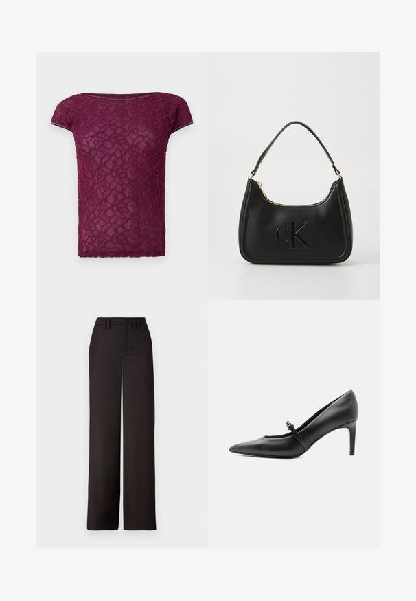 T-shirt en dentelle bordeaux avec des manches courtes, un col rond et un motif floral texturé. Tissu léger et semi-transparent.; Pantalons noirs à jambes larges avec un devant plat, passants de ceinture et une texture lisse, conçus pour un ajustement près du corps. Aucun matériel ou motif visible.; Escarpin noir en cuir à bout pointu avec une fine bride et une boucle sur le cou-de-pied, posé sur un fond clair neutre.; Sac à main en cuir noir avec une forme courbée, doté d'une fermeture éclair dorée et d'un logo "cK" discret en relief. Texture lisse et une seule poignée.