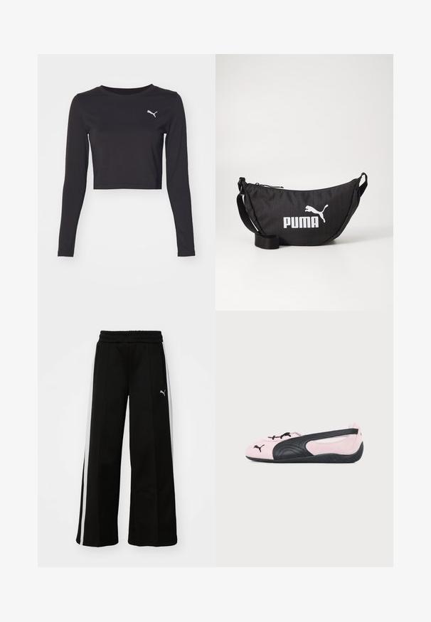 Camiseta corta de manga larga negra, hecha de tejido suave con cuello redondo. Presenta un pequeño logo blanco en la parte izquierda del pecho.; Pantalones anchos negros con cintura elástica, rayas blancas verticales, bolsillos laterales con cremallera y un pequeño logo en el muslo.; Bailarina Puma de color rosa claro y negro con logo negro en la puntera y suela texturizada, mostrada de perfil lateral sobre fondo liso.; Bolsa de tela negra con forma redondeada, que presenta un logo blanco de "PUMA" y un pequeño diseño de un gato saltando. Incluye una correa adjustable.