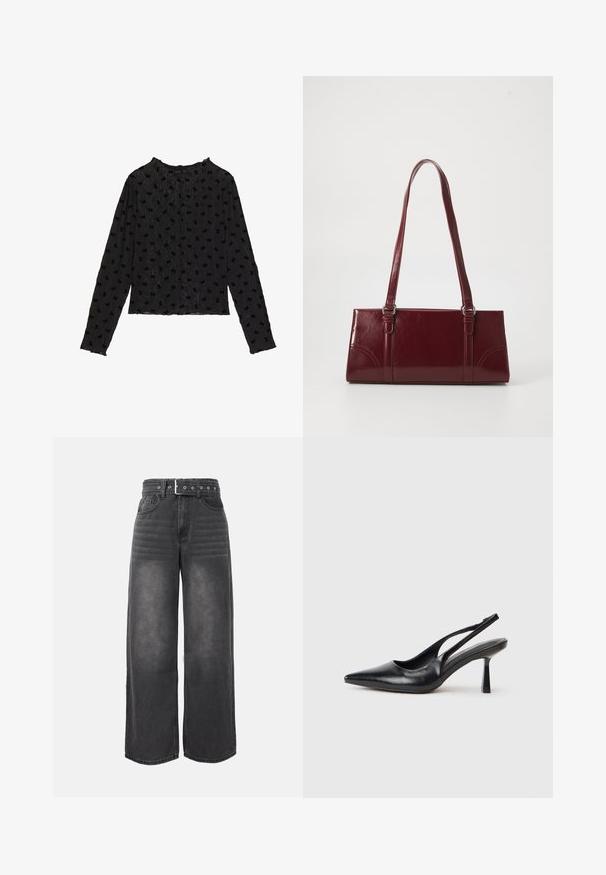 Haut noir à manches longues en tissu texturé, avec un design ondulé et des motifs de nœuds surélevés partout. Encolure arrondie et silhouette ajustée.; Jean denim noir taille haute à jambes larges avec une ceinture assortie, poches avant et une texture subtilement délavée sur le tissu.; Chaussure à talon haut en cuir noir, à bride arrière, avec un bout pointu et un talon fin sur fond blanc.; Sac à main bordeaux en matériau brillant, de forme rectangulaire, avec deux anses et des accents légèrement courbés à l'avant.