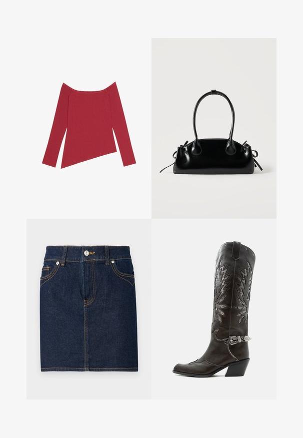 Rode off-the-shoulder top met lange mouwen, geribbelde textuur en een asymmetrische zoom, met een gladde afwerking en subtiele naden.; Donkerblauwe denim rok met zichtbare stiksels, vijf zakken en een knoopsluiting aan de voorkant. Rechte snit met een schone zoomlijn.; Zwarte leren cowboylaars met decoratieve uitsnijdingen, zilveren gesp en schuine hak, weergegeven op een witte achtergrond.; Kleine zwarte glanzende handtas met twee lange hengsels en zijkant trekkoord details op een effen lichte achtergrond.
