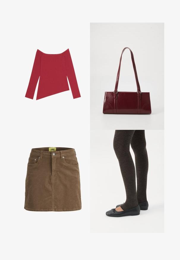 Rød off-the-shoulder top med lange ærmer, ribbet tekstur og asymmetrisk kant, der har en glat overflade og subtile sømme.; Brun fløjlsnederdel med frontknapper og lynlås, bæltestropper og forlommer, med gul JJXX-mærkat indeni linningen.; Ben iført mørke ribbede leggings kombineret med sorte balletsko med små sløjfedetaljer på hvid baggrund.; Bordeaux håndtaske lavet af glansfuldt materiale, rektangulær form, med to skulderremme og subtile buede detaljer på forsiden.