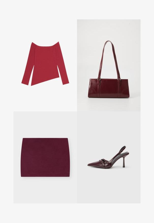 Rode off-the-shoulder top met lange mouwen, geribbelde textuur en een asymmetrische zoom, met een gladde afwerking en subtiele naden.; Donkerpaarse rechte mini-rok met een gladde textuur op een lichtgrijze achtergrond.; Bordeauxrode lakleren slingback met puntige neus, dunne enkelband en kleine decoratieve gespsluiting. Gladde textuur en hoge hak.; Bourgondische handtas van glanzend materiaal, rechthoekige vorm, met twee schouderbanden en subtiele gebogen accenten aan de voorkant.
