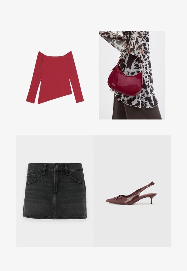 Rød off-the-shoulder top med lange ærmer, ribbet tekstur og asymmetrisk kant, der har en glat overflade og subtile sømme.; Sorte denimskørt med en tætsiddende design, fem lommer og en talje. Har en metalknaplukning og subtile falmede detaljer.; Bordeaux læder slingback hæl med spidse tå, justerbar rem og dekorativ sløjfedetalje foran. 7,5 cm hælhøjde.; Kvinde iført en sort- og hvidmønstret bluse, der holder en blank rød skuldertaske mod en ensfarvet baggrund.