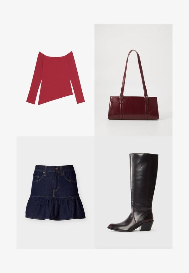Rode off-the-shoulder top met lange mouwen, geribbelde textuur en een asymmetrische zoom, met een gladde afwerking en subtiele naden.; Donkerblauwe denim minirok met geruimde zoom, voorste knoop- en ritssluiting, en twee voorzakken met riemlussen.; Knielange, donkerbruine leren laars met een spitse neus, hoekige blokhak en een gladde, glanzende textuur. Heeft een strak ontwerp en stikdetails.; Bourgondische handtas van glanzend materiaal, rechthoekige vorm, met twee schouderbanden en subtiele gebogen accenten aan de voorkant.