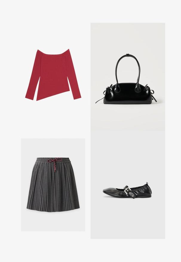 Top rojo de hombros al descubierto con mangas largas, textura acanalada y dobladillo asimétrico, que presenta un acabado suave y costuras sutiles.; Falda plisada gris oscuro con cintura elástica y cordón granate atado en el centro delantero.; Zapato plano de piel negra con puntera afilada, detalle fruncido alrededor de la abertura y un acento de hebilla plateada en la correa ajustable.; Pequeño bolso negro brillante con dos asas largas y detalles de cordón lateral sobre un fondo claro liso.