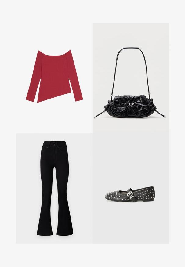 Punainen olkaimia vailla oleva paita, jossa on pitkät hihat, ribbineulepinta ja epäsymmetrinen helma, joka on sileä ja jossa on hillityt saumat.; Pepe Jeans FLARE CONTOUR - Flared-farkut - black denim; Musta litteä kenkä, jossa on hopeisia niittejä, varustettuna soljella säädettävällä remmillä. Kengässä on terävä kärki ja matala korko.; Musta nahkainen käsilaukku, jossa on rypytetty muotoilu ja rusettiliite edessä. Varustettu lyhyellä kahvalla ja hopeanvärisillä metalliosilla.