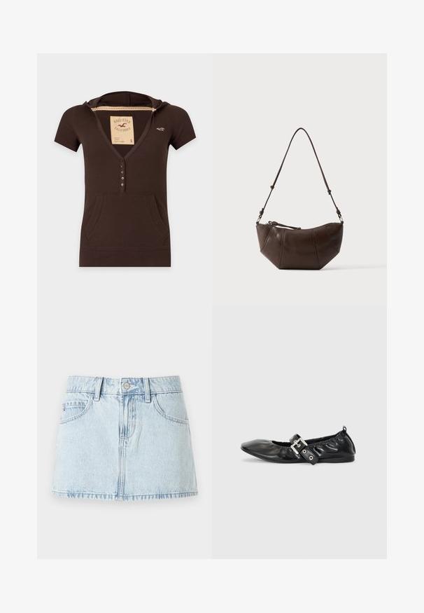 Camiseta marrón oscuro de manga corta con capucha, botones delanteros, bolsillo canguro y pequeño logo de la marca en el pecho.; Falda mini de mezclilla azul claro con botones frontales, lazos para cinturón y bolsillos delanteros, presentada sobre un fondo blanco.; Zapato plano de piel negra con puntera afilada, detalle fruncido alrededor de la abertura y un acento de hebilla plateada en la correa ajustable.; Bolso de hombro de cuero marrón con fondo curvado y correa ajustable sobre un fondo claro y liso.