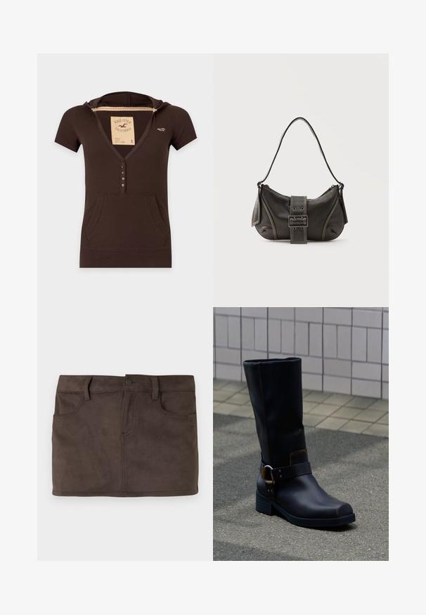 Dark brown short-sleeve hooded shirt with front buttons, kangaroo pocket, and small brand logo on the chest.; Brown suede mini skirt featuring two front pockets, belt loops, and a front button closure. Smooth texture with a subtle sheen.; Black mid-calf leather boot with a low heel and decorative strap with metal buckle, standing on a gray paved surface near tiled wall.; Black leather shoulder bag with a buckle strap detail, curved edges, and contrasting white stitching on a plain background.