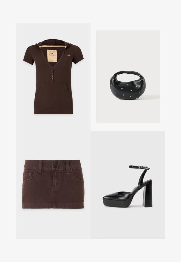 Camiseta marrón oscuro de manga corta con capucha, botones delanteros, bolsillo canguro y pequeño logo de la marca en el pecho.; Minifalda vaquera marrón con bolsillos delanteros, trabillas para cinturón y cierre doble de botones sobre un fondo liso claro.; Zapatos de tacón negro con punta afilada y correa ajustable en el tobillo. Confeccionados en cuero suave, presentan un tacón grueso.; Bolso de mano de cuero negro con forma redondeada, decorado con detalles de tachuelas plateadas y un asa corta. Textura lisa y cierre con cremallera.