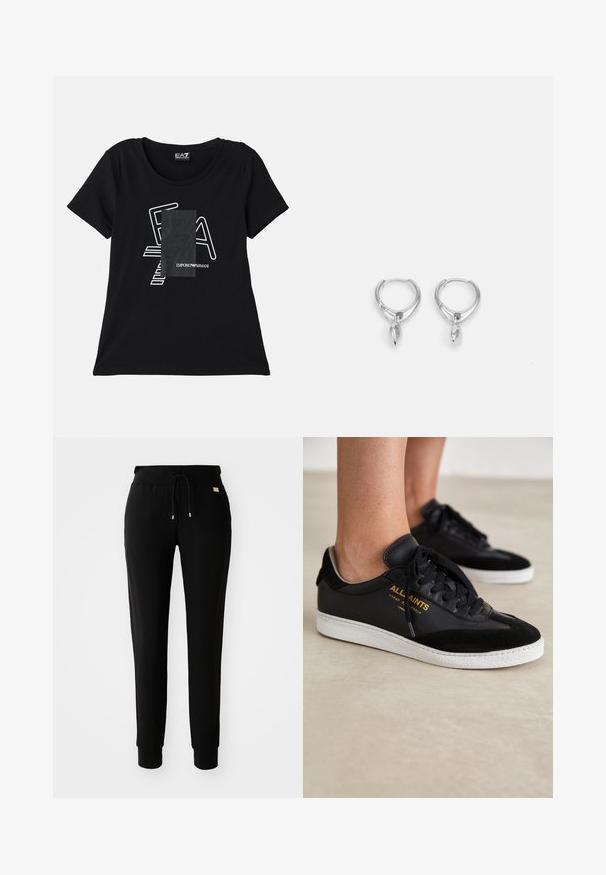 Camiseta de algodón negra con escote redondeado, que presenta un diseño gráfico blanco y un logo en la parte delantera. Mangas cortas, corte relajado.; Pantalones de chándal negros ajustados con cintura con cordón y tobillos ceñidos, mostrados sobre un fondo blanco plano.; Zapatillas de cuero y ante negro con suelas de goma blanca. Presentan cordones en tono y detalles del logo dorado en el lateral. Diseño plano.; Pendientes de aro plateados con un diseño liso y redondeado que presenta una gota colgante puntiaguda. El acabado es brillante y reflectante, resaltando una elegancia sencilla.