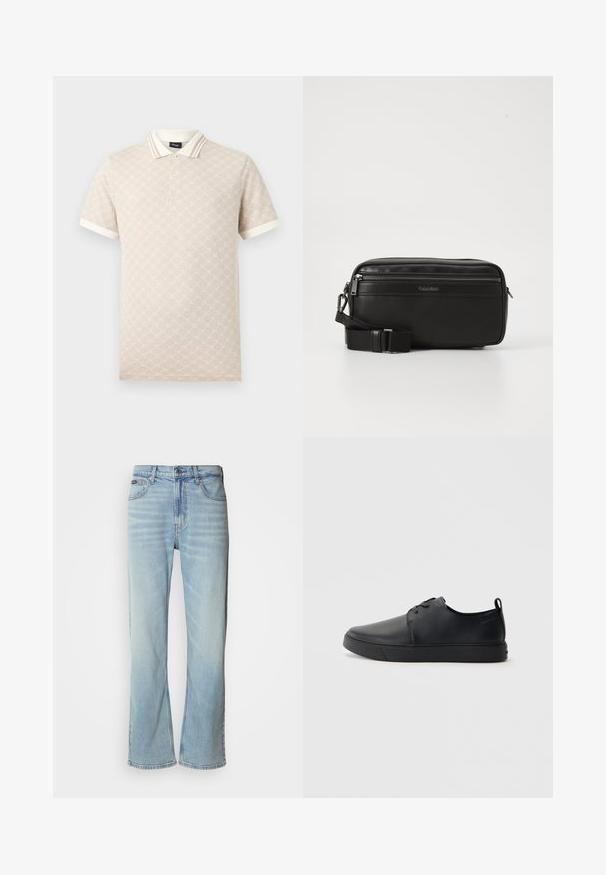 Polo beige avec motif géométrique subtil, col blanc et poignets de manche, manches courtes, patte à deux boutons, logo JOOP! sur l'étiquette du col.; Jeans en denim bleu clair avec une coupe droite, dotés de cinq poches, d'une fermeture à bouton et d'une légère décoloration sur le tissu.; Baskets en cuir noir avec une finition lisse, bout arrondi, coutures ton sur ton, devant à lacets et semelle plate en caoutchouc. Anse au talon.; Sac en cuir noir à bandoulière avec un compartiment zippé, surface texturée, bandoulière réglable et logo Calvin Klein à l'avant.