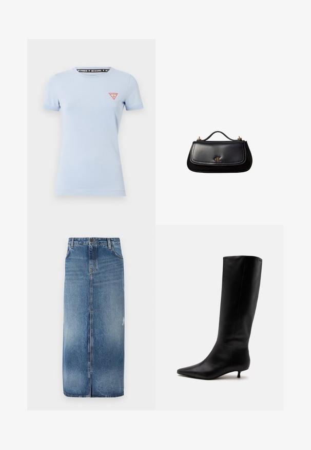 T-shirt en coton bleu clair à manches courtes. Présente un logo triangulaire rouge sur la poitrine gauche et une étiquette noire imprimée à l'intérieur du col.; Jupe midi en denim avec un dégradé de bleu clair à foncé, fermeture à l'avant, et détails subtils de déchirures près de l'ourlet. Bord brut en bas.; Botte noire en cuir jusqu'au genou avec bout pointu et petit talon kitten sur un fond clair uni.; Sac à main en cuir noir avec une petite poignée, logo "cK" doré sur le rabat avant, et accessoires dorés.