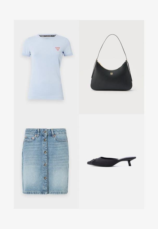 Helles blaues Baumwoll-T-Shirt mit kurzen Ärmeln. Verfügt über ein rotes dreieckiges Logo auf der linken Brust und ein schwarzes Drucketikett im Nacken.; Helles blaues Denim-Rock mit Knopfverschluss, fünf Taschen und Stickdetails. Bietet eine gerade Schnittform und einen leicht ausgebleichten Finish.; Schwarzer Mule-Schuh für Frauen mit spitz zulaufender Schuhspitze, Obermaterial aus Stoff, kleinem Kitten-Heel und einer dekorativen Schleife vorne, seitlich dargestellt.; Schwarze Lederhandtasche mit goldfarbenem Reißverschluss, dünnem Riemen und goldenem "HUGO"-Logo mittig auf der Vorderseite.