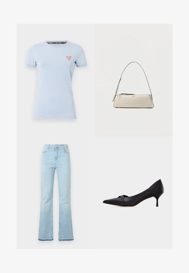 Helles blaues Baumwoll-T-Shirt mit kurzen Ärmeln. Verfügt über ein rotes dreieckiges Logo auf der linken Brust und ein schwarzes Drucketikett im Nacken.; Hellblaue Schlagjeans aus Denim, mit hoher Taille, Vordertaschen und einem rohen Saum an den Bündchen für einen lässigen Look.; Schwarzer Leder-Kittenheel mit spitzer Spitze und kleinem Schnallenriemen über dem Vorderfuß, dargestellt vor einem schlichten weißen Hintergrund.; Kleine beige Lederschultertasche mit dünnem Riemen und Reißverschluss, vorne in der Mitte mit einem dezenten metallischen Logo.