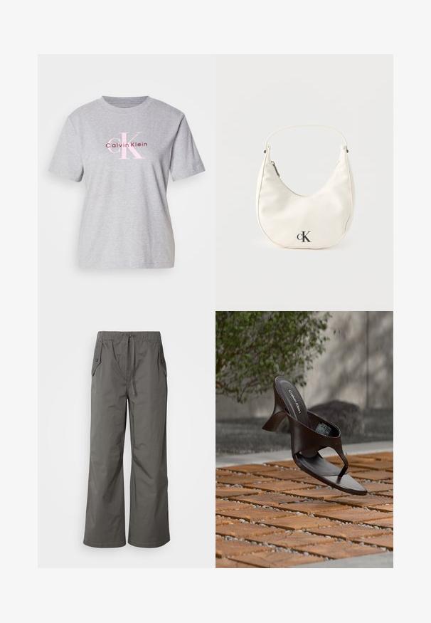Camiseta de algodón gris con mangas cortas, escote redondo y logo de "Calvin Klein" en rosa y burdeos en la parte delantera.; Pantalones de pierna ancha grises, hechos de tela ligera, con cintura elástica, cordón y dos bolsillos laterales con detalles de botones.; Sandalia de tiras con tacón marrón de Calvin Klein suspendida sobre suelo exterior de loseta de madera y grava, con fondo desenfocado de vegetación y piedras.; Pequeño bolso blanco en forma de media luna con correa corta, cierre de cremallera y logo negro "cK" en el frente.