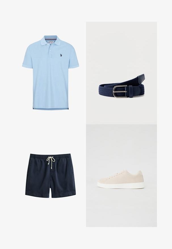 Lichtblauwe polo met korte mouwen van zachte katoen. Beschikt over een drieknops sluiting, kraag en geborduurd logo op de borst.; Marineblauwe heren zwemshorts met elastische tailleband en wit trekkoord, met zijzakken en een rechte zoom.; Beige suède sneakers met witte rubberen zolen, ronde neus en zes veterogen. Gladde textuur met minimalistisch ontwerp.; Marineblauwe geweven stoffen riem met zilverkleurige metalen gesp en leren accenten, opgerold op een witte achtergrond.