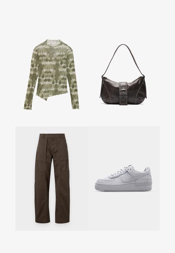 Top de manga larga, en verde de teñido anudado, con un escote y un dobladillo con forma de onda. Presenta una costura diagonal con acentos texturizados en una tela suave y ligera.; Pantalones cargo marrones hechos de una tela resistente, con múltiples bolsillos, un corte relajado y detalles de costura prominentes para mayor durabilidad.; Zapatilla Nike Air Force 1 gris con puntera perforada, parte superior de cuero suave, suela gruesa y detalle en relieve 'AIR' en el talón.; Bolso de hombro de cuero marrón con forma curva, que presenta un prominente detalle de hebilla, costuras en contraste y una sola correa para el hombro.