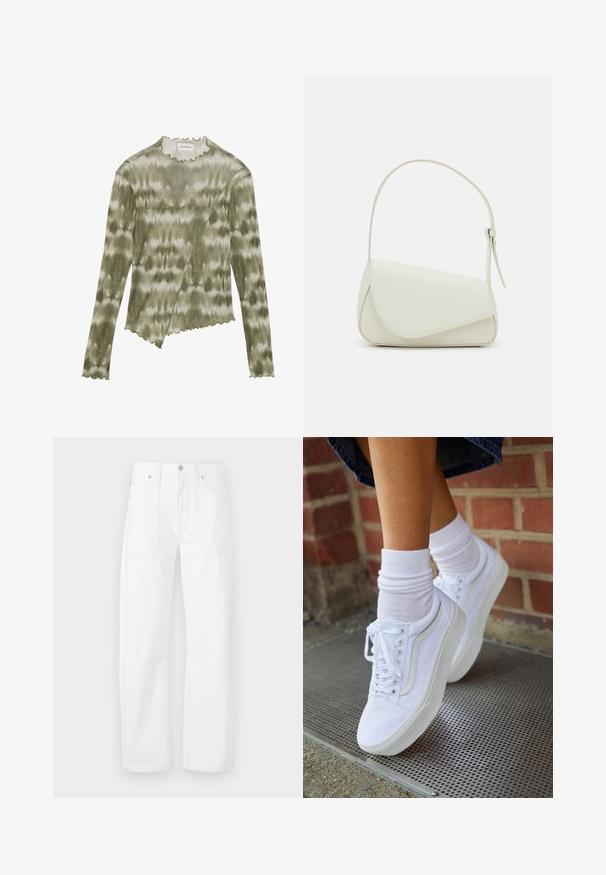 Top de manga larga, en verde de teñido anudado, con un escote y un dobladillo con forma de onda. Presenta una costura diagonal con acentos texturizados en una tela suave y ligera.; Pantalones de mezclilla blanca con diseño de pierna recta, costuras naranjas en contraste, cinco bolsillos y cierre de botón y cremallera.; Zapatillas de lona blancas con suelas de goma, que presentan seis ojales, puntera redonda y detalles de costura ligera, combinadas con calcetines blancos hasta el tobillo.; Bolso de mano de imitación cuero blanco con una forma triangular estructurada, correa ajustable única y cierre con solapa acentuada en curva.