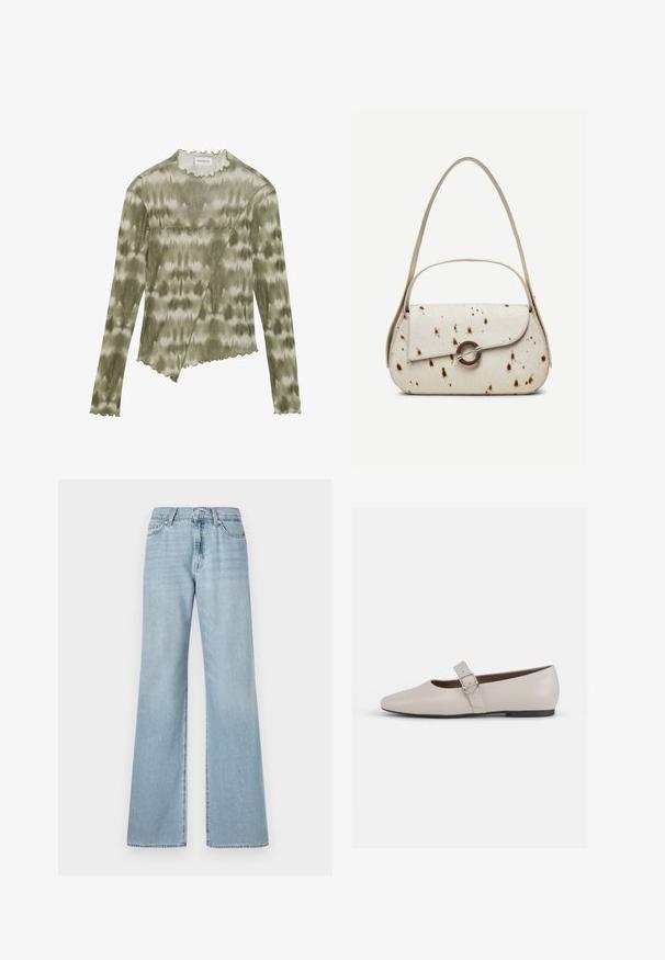 Langærmet, grøn tie-dye top med en bølgemønsteret halsudskæring og kant. Har en diagonal søm med teksturerede detaljer i et blødt, let stof.; Lyseblå brede jeans lavet af denim, der har høj talje, frontlommer og diskret falmet stof gennem hele materialet.; Beige læder Mary Jane flad sko med spids tå, ankelrem og en sølvspænde detalje, der har en lav sort hæl.; Kremfarvet håndtaske med brune prikker, buet klap med rund metalspænde, med to tynde stropper, hvoraf den ene er længere til skulderbrug.