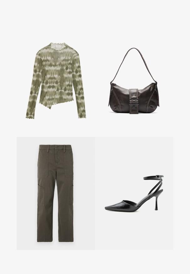 Langærmet, grøn tie-dye top med en bølgemønsteret halsudskæring og kant. Har en diagonal søm med teksturerede detaljer i et blødt, let stof.; Good American CROPPED PANTS - Cargobukser - fatigue; Sort spids højhælet sko med tynde ankelremme og sølvspænde på en ensfarvet lys baggrund.; Brun læder skuldertaske med en buet form, der har et fremtrædende spænde, kontrasterende syninger og en enkelt skulderrem.