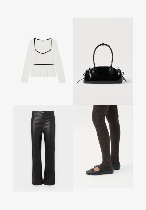 Top blanco de manga larga con escote cuadrado, ribete negro, detalle fruncido en la parte delantera y una línea de cintura imperio. Tejido suave con un ligero estiramiento.; Pantalones de cuero sintético negros con un diseño de pierna recta, que incluyen bolsillos frontales y un cierre de botón visible. Textura suave y acabado brillante.; Piernas con leggings oscuros acanalados combinados con bailarinas negras que presentan pequeños detalles de lazo sobre un fondo blanco.; Pequeño bolso negro brillante con dos asas largas y detalles de cordón lateral sobre un fondo claro liso.