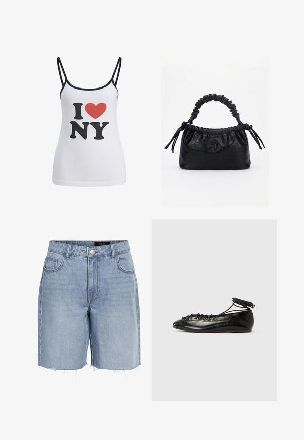 Hvid top med tynde sorte stropper, der har en stor sort "I" og "NY" tekst samt et rødt hjerte grafik imellem.; Lysblå denimshorts med høj talje, fem lommer, frayed kant og klassisk knaplukning. Fremstillet af blødt, struktureret stof.; Sorte balletflade sko i laklæder med rundet tå, snørelukning og flad sål. Glat tekstur med få detaljer.; Sort taske med krokodilletekstur, rynket øverste kant, samlet hank og snore med kvaster på hver side mod en hvid baggrund.