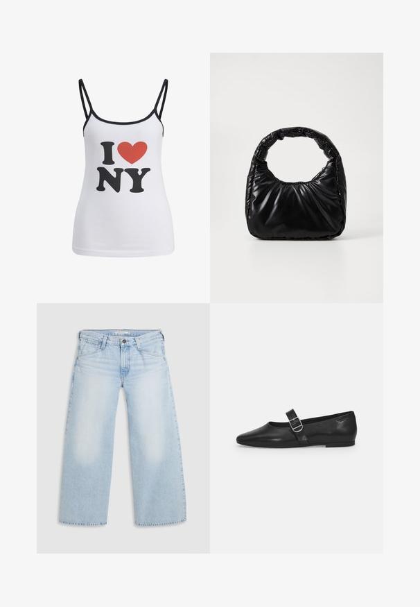 Hvid top med tynde sorte stropper, der har en stor sort "I" og "NY" tekst samt et rødt hjerte grafik imellem.; Lyseblå vid nederdel jeans lavet af denim. Har lige snit, fem lommers design og knaplukning i taljen.; Sorte læder flade sko med rund tå, et enkelt justerbart spænde og en glat, blank overflade. Minimalistisk design med en lav hæl.; Sort polstret håndtaske med et rundt håndtag, der har en glat, skinnende overflade og en blød, kviltet tekstur. Ingen synlige hardware eller accenter.